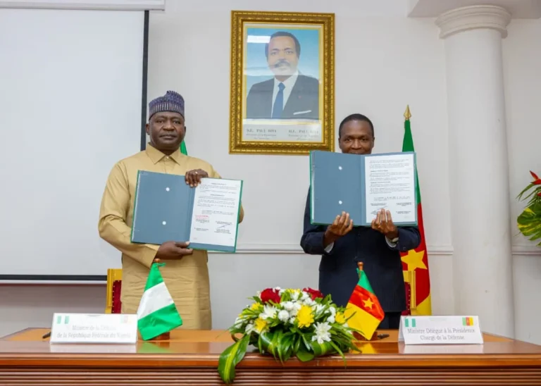 Nigeria, Cameroon Deepen Defence Ties With New Security Cooperation Agreement Nigeria’s Minister of Defence, General Christopher Musa (retd.), and Cameroon’s Minister Delegate at the Presidency in Charge of Defence, Joseph Assomo, pose for a photograph after signing a bilateral defence cooperation Memorandum of Understanding (MoU)